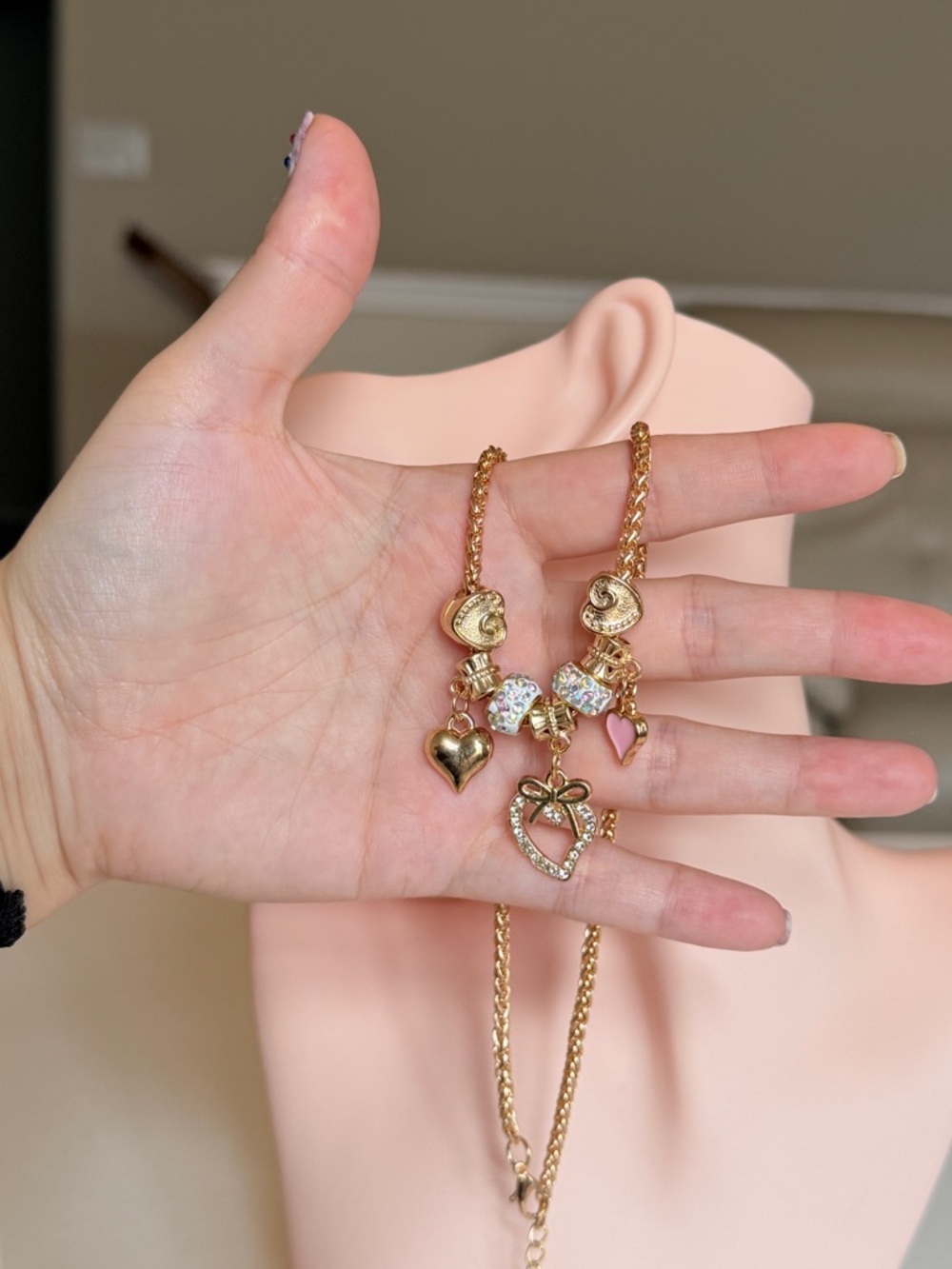 Gold-Tone Heart Charm Necklace with Pink Accent Beads - Picture 5 of 8